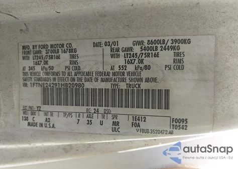 2001 Ford E-250 Commercial from USA, damaged, VIN 1FTNE24291HB20980